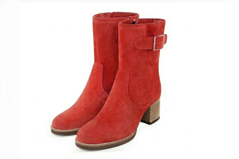 Classic leather ankle boots featuring adjustable side buckles and sleek hardware for secure support and timeless everyday style, in red leather with round toe and mid block heel